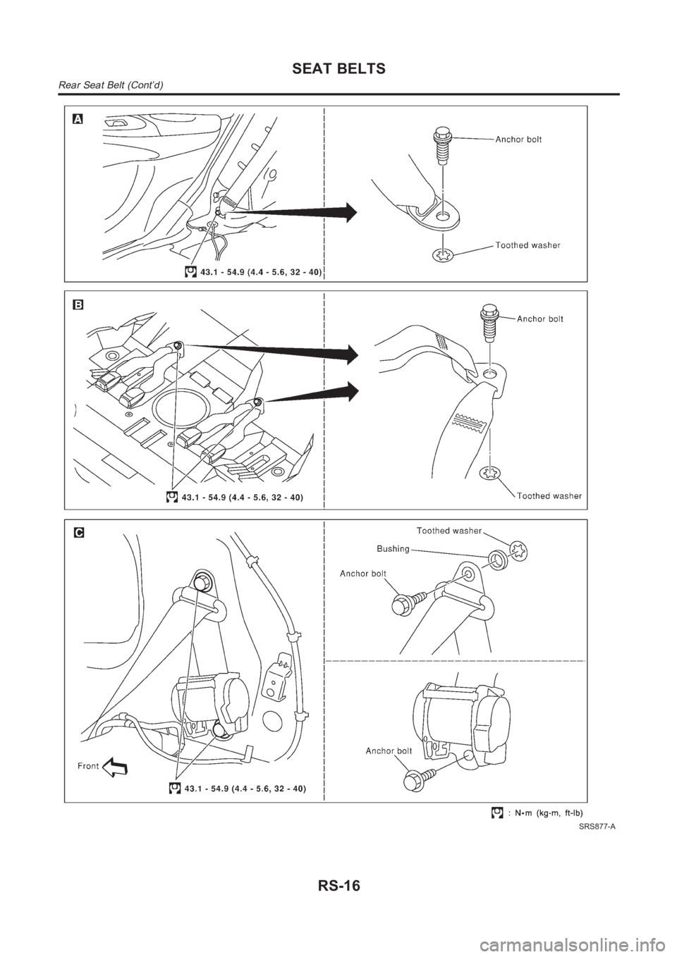 NISSAN ALMERA N16 2003  Electronic Repair Manual SRS877-A
SEAT BELTS
Rear Seat Belt (Cont’d)
RS-16 