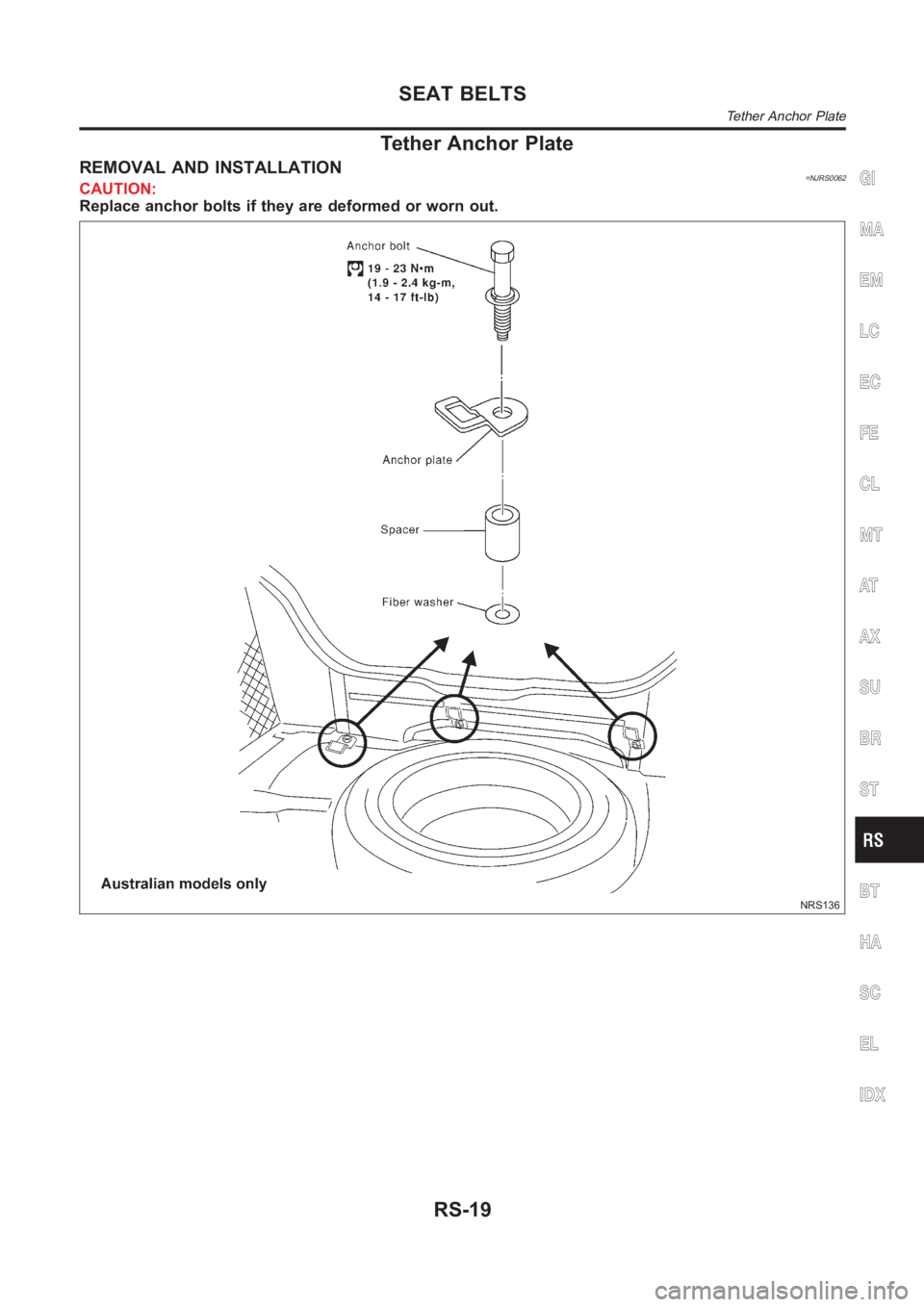 NISSAN ALMERA N16 2003 Electronic Repair Manual Tether Anchor Plate
REMOVAL AND INSTALLATION=NJRS0062CAUTION:
Replace anchor bolts if they are deformed or worn out.
NRS136
GI
MA
EM
LC
EC
FE
CL
MT
AT
AX
SU
BR
ST
BT
HA
SC
EL
IDX
SEAT BELTS
Tether Anc NISSAN ALMERA N16 2003 Electronic Repair Manual Tether Anchor Plate
REMOVAL AND INSTALLATION=NJRS0062CAUTION:
Replace anchor bolts if they are deformed or worn out.
NRS136
GI
MA
EM
LC
EC
FE
CL
MT
AT
AX
SU
BR
ST
BT
HA
SC
EL
IDX
SEAT BELTS
Tether Anc