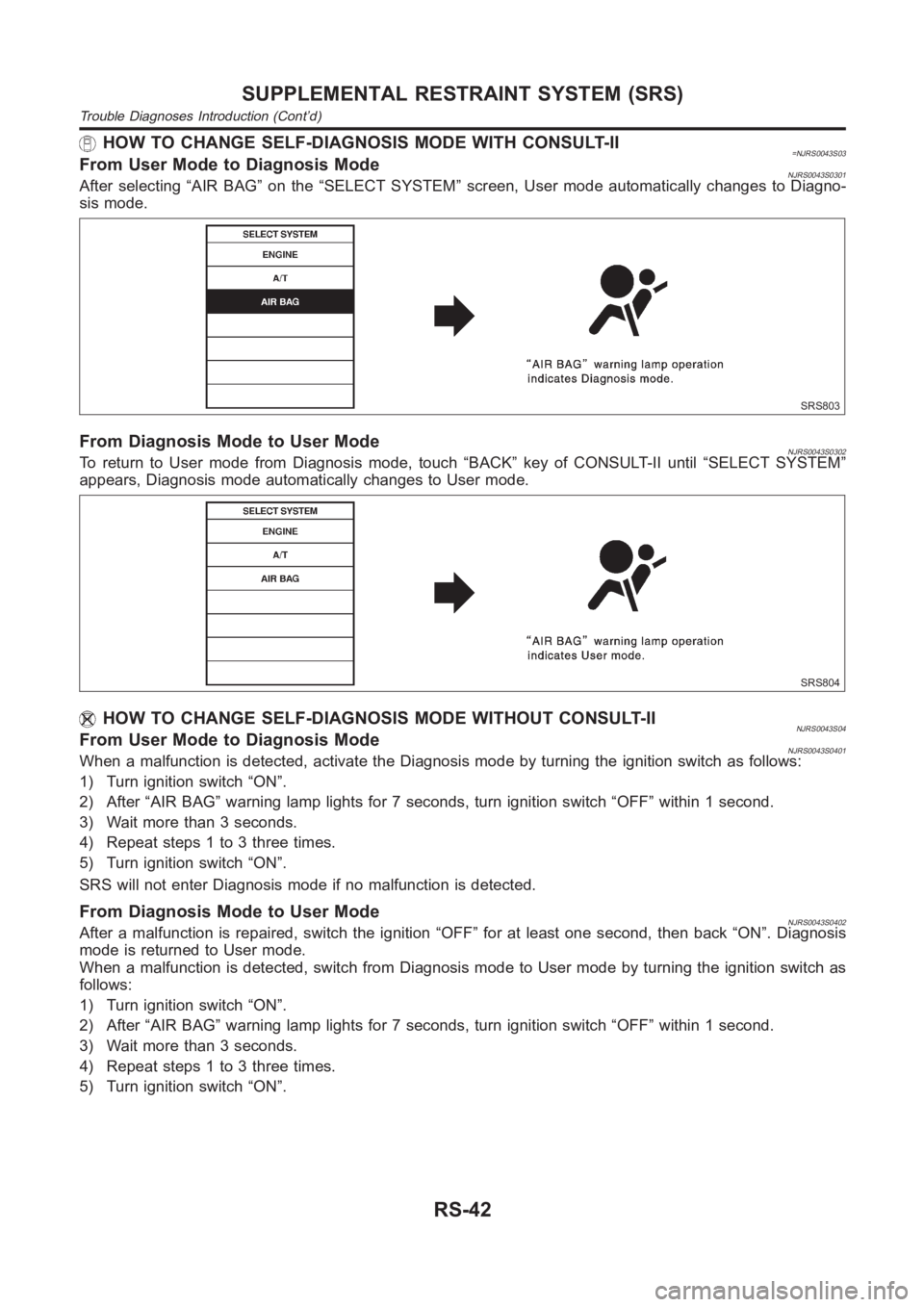 NISSAN ALMERA N16 2003 Electronic Repair Manual HOW TO CHANGE SELF-DIAGNOSIS MODE WITH CONSULT-II=NJRS0043S03From User Mode to Diagnosis ModeNJRS0043S0301After selecting “AIR BAG” on the “SELECT SYSTEM” screen, User mode automatically chang NISSAN ALMERA N16 2003 Electronic Repair Manual HOW TO CHANGE SELF-DIAGNOSIS MODE WITH CONSULT-II=NJRS0043S03From User Mode to Diagnosis ModeNJRS0043S0301After selecting “AIR BAG” on the “SELECT SYSTEM” screen, User mode automatically chang