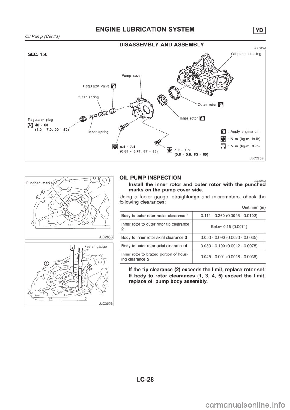 NISSAN ALMERA N16 2003  Electronic Repair Manual DISASSEMBLY AND ASSEMBLYNJLC0044
JLC285B
JLC286B
JLC355B
OIL PUMP INSPECTIONNJLC0045Install the inner rotor and outer rotor with the punched
marks on the pump cover side.
Using a feeler gauge, straigh
