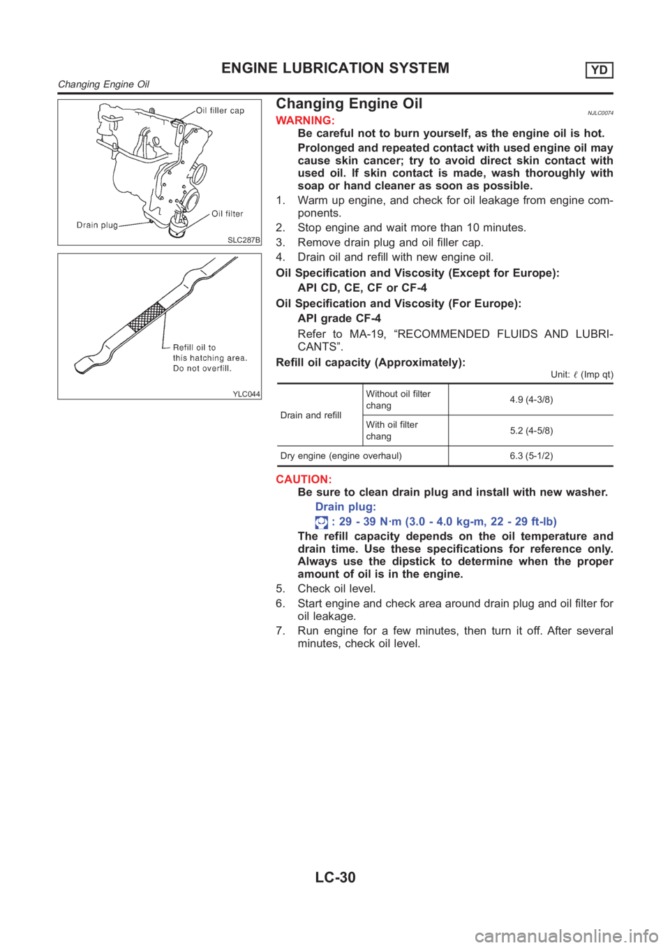 NISSAN ALMERA N16 2003  Electronic Repair Manual SLC287B
YLC044
Changing Engine OilNJLC0074WARNING:
Be careful not to burn yourself, as the engine oil is hot.
Prolonged and repeated contact with used engine oil may
cause skin cancer; try to avoid di