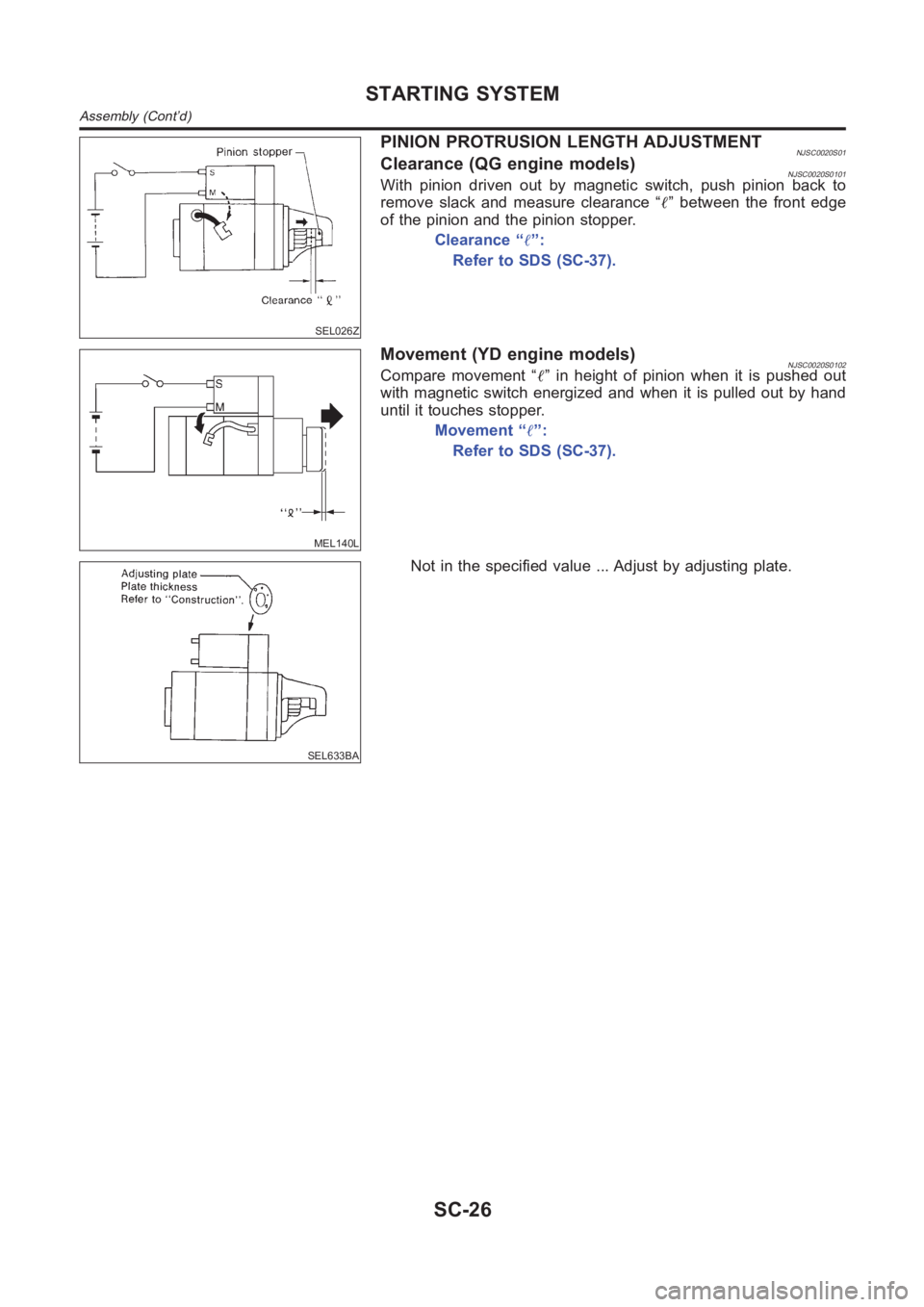 NISSAN ALMERA N16 2003  Electronic Repair Manual SEL026Z
PINION PROTRUSION LENGTH ADJUSTMENTNJSC0020S01Clearance (QG engine models)NJSC0020S0101With pinion driven out by magnetic switch, push pinion back to
remove slack and measure clearance “”
