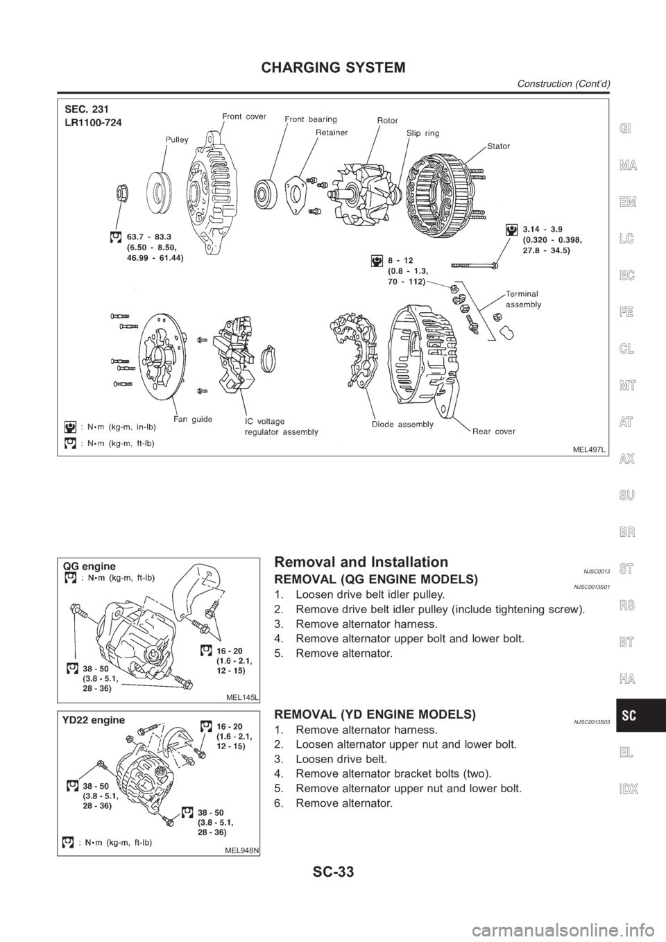 NISSAN ALMERA N16 2003  Electronic Repair Manual MEL497L
MEL145L
Removal and InstallationNJSC0013REMOVAL (QG ENGINE MODELS)NJSC0013S011. Loosen drive belt idler pulley.
2. Remove drive belt idler pulley (include tightening screw).
3. Remove alternat