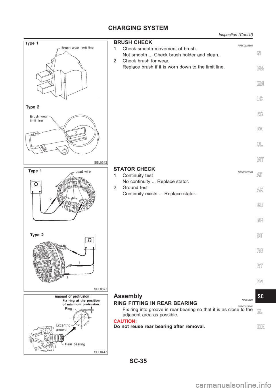 NISSAN ALMERA N16 2003  Electronic Repair Manual SEL034Z
BRUSH CHECKNJSC0022S021. Check smooth movement of brush.
Not smooth ... Check brush holder and clean.
2. Check brush for wear.
Replace brush if it is worn down to the limit line.
SEL037Z
STATO