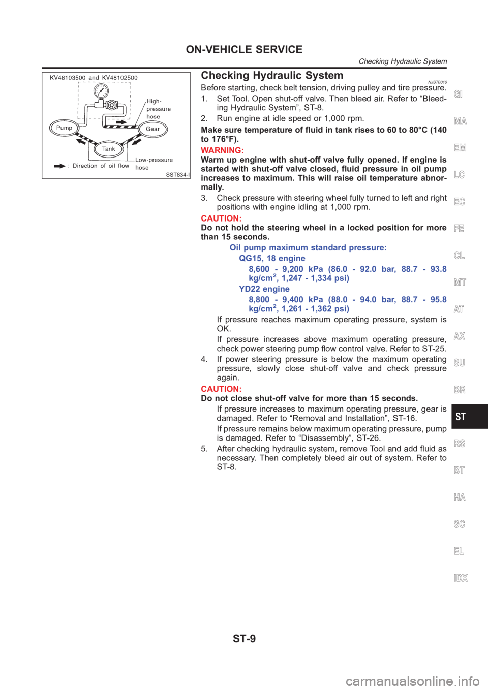 NISSAN ALMERA N16 2003  Electronic Repair Manual SST834-I
Checking Hydraulic SystemNJST0016Before starting, check belt tension, driving pulley and tire pressure.
1. Set Tool. Open shut-off valve. Then bleed air. Refer to “Bleed-
ing Hydraulic Syst