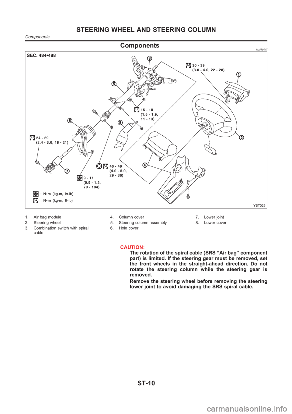 NISSAN ALMERA N16 2003  Electronic Repair Manual ComponentsNJST0017
YST026
1. Air bag module
2. Steering wheel
3. Combination switch with spiral
cable4. Column cover
5. Steering column assembly
6. Hole cover7. Lower joint
8. Lower cover
CAUTION:
The