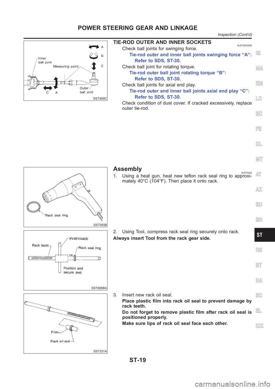 NISSAN ALMERA N16 2003  Electronic Repair Manual SST468C
TIE-ROD OUTER AND INNER SOCKETSNJST0024S05Check ball joints for swinging force.
Tie-rod outer and inner ball joints swinging force “A”:
Refer to SDS, ST-30.
Check ball joint for rotating t