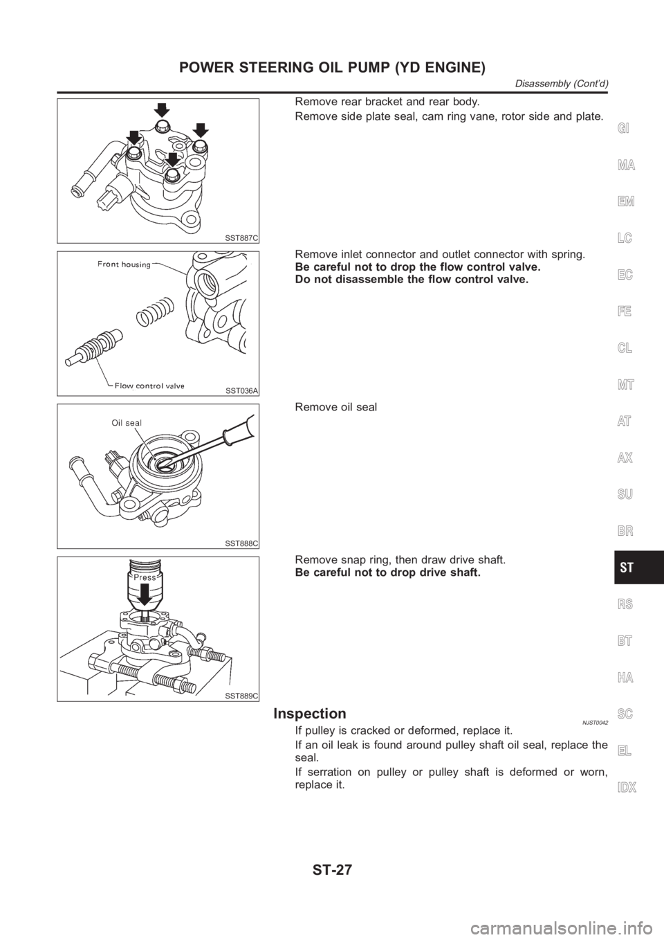 NISSAN ALMERA N16 2003  Electronic Repair Manual SST887C
Remove rear bracket and rear body.
Remove side plate seal, cam ring vane, rotor side and plate.
SST036A
Remove inlet connector and outlet connector with spring.
Be careful not to drop the flow