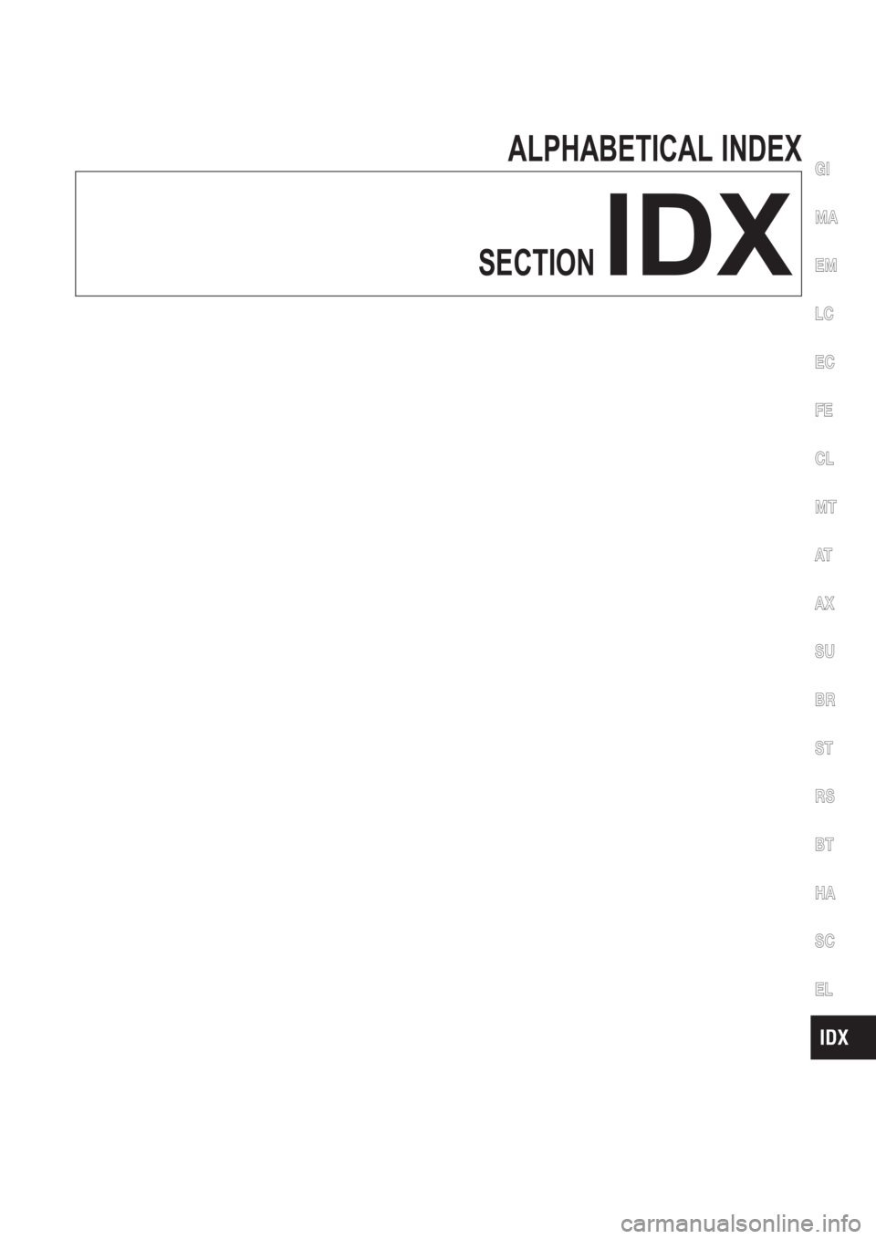 NISSAN ALMERA N16 2003  Electronic Repair Manual ALPHABETICAL INDEX
SECTION
IDX
GI
MA
EM
LC
EC
FE
CL
MT
AT
AX
SU
BR
ST
RS
BT
HA
SC
EL 