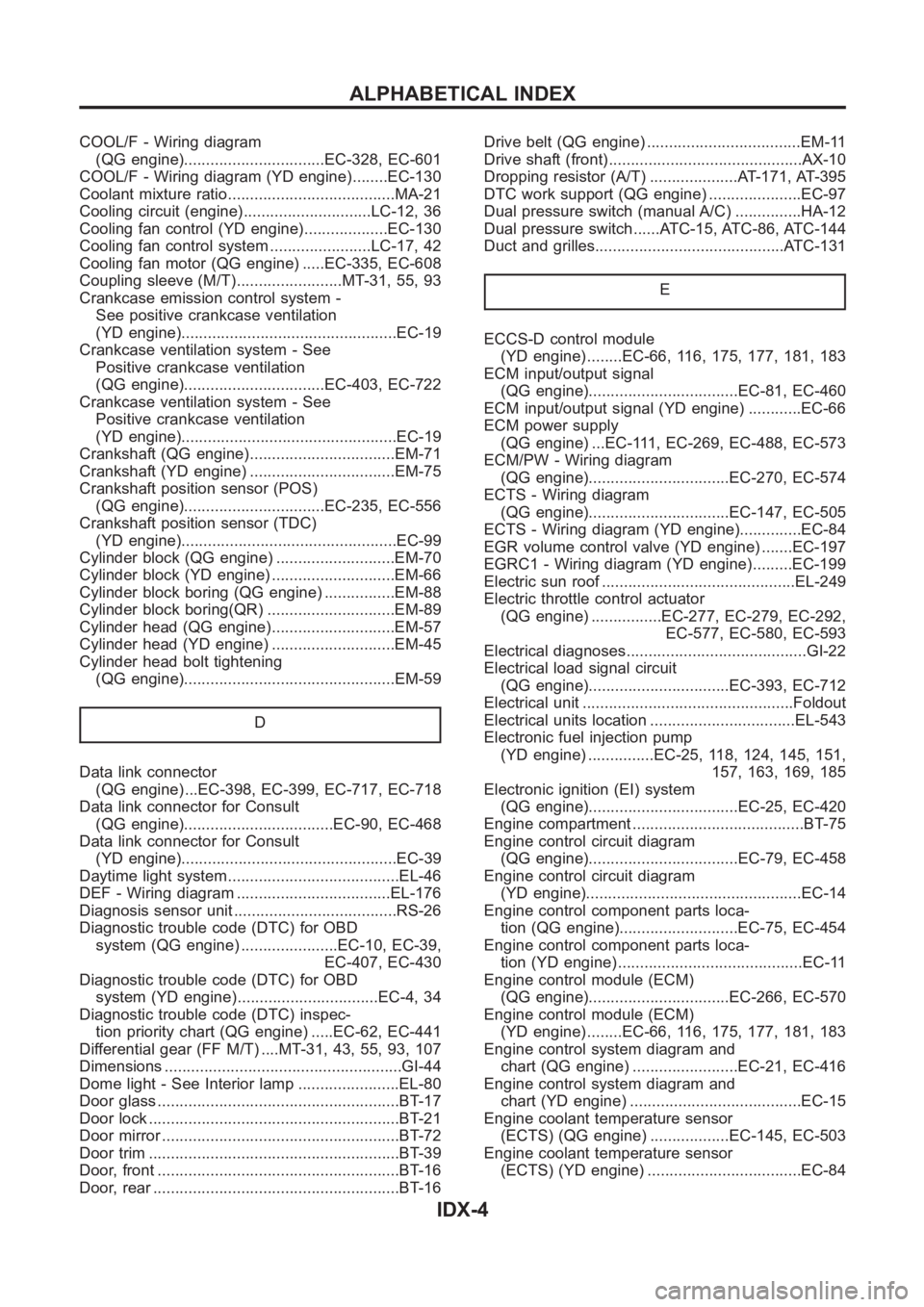 NISSAN ALMERA N16 2003  Electronic Repair Manual COOL/F - Wiring diagram
(QG engine)................................EC-328, EC-601
COOL/F - Wiring diagram (YD engine) ........EC-130
Coolant mixture ratio......................................MA-21
Co
