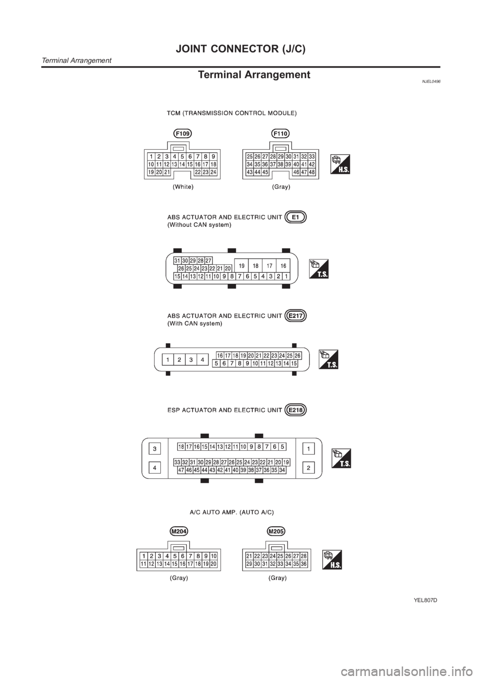 NISSAN ALMERA N16 2003  Electronic Repair Manual Terminal ArrangementNJEL0496
YEL807D
JOINT CONNECTOR (J/C)
Terminal Arrangement 