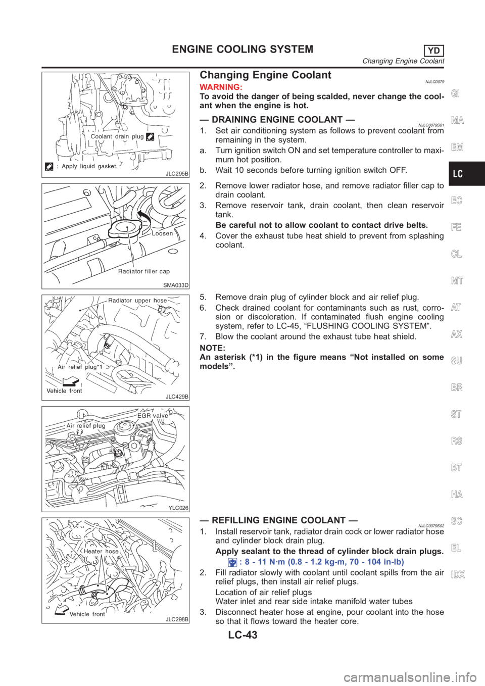 NISSAN ALMERA N16 2003  Electronic Repair Manual JLC295B
Changing Engine CoolantNJLC0079WARNING:
To avoid the danger of being scalded, never change the cool-
ant when the engine is hot.
— DRAINING ENGINE COOLANT —NJLC0079S011. Set air conditioni