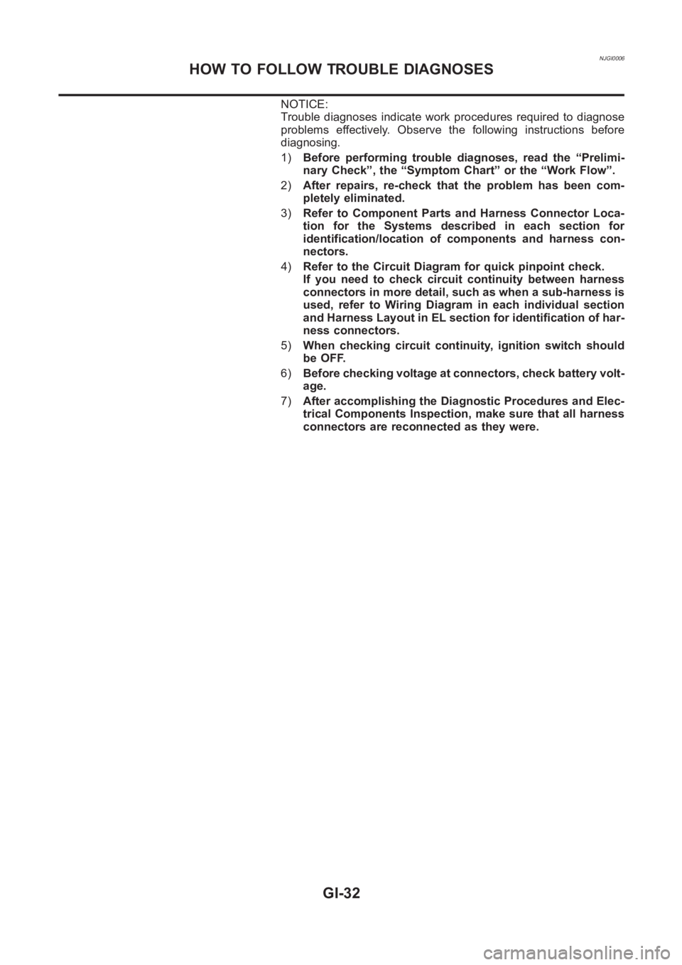 NISSAN ALMERA N16 2003  Electronic Repair Manual NJGI0006
NOTICE:
Trouble diagnoses indicate work procedures required to diagnose
problems effectively. Observe the following instructions before
diagnosing.
1)Before performing trouble diagnoses, read