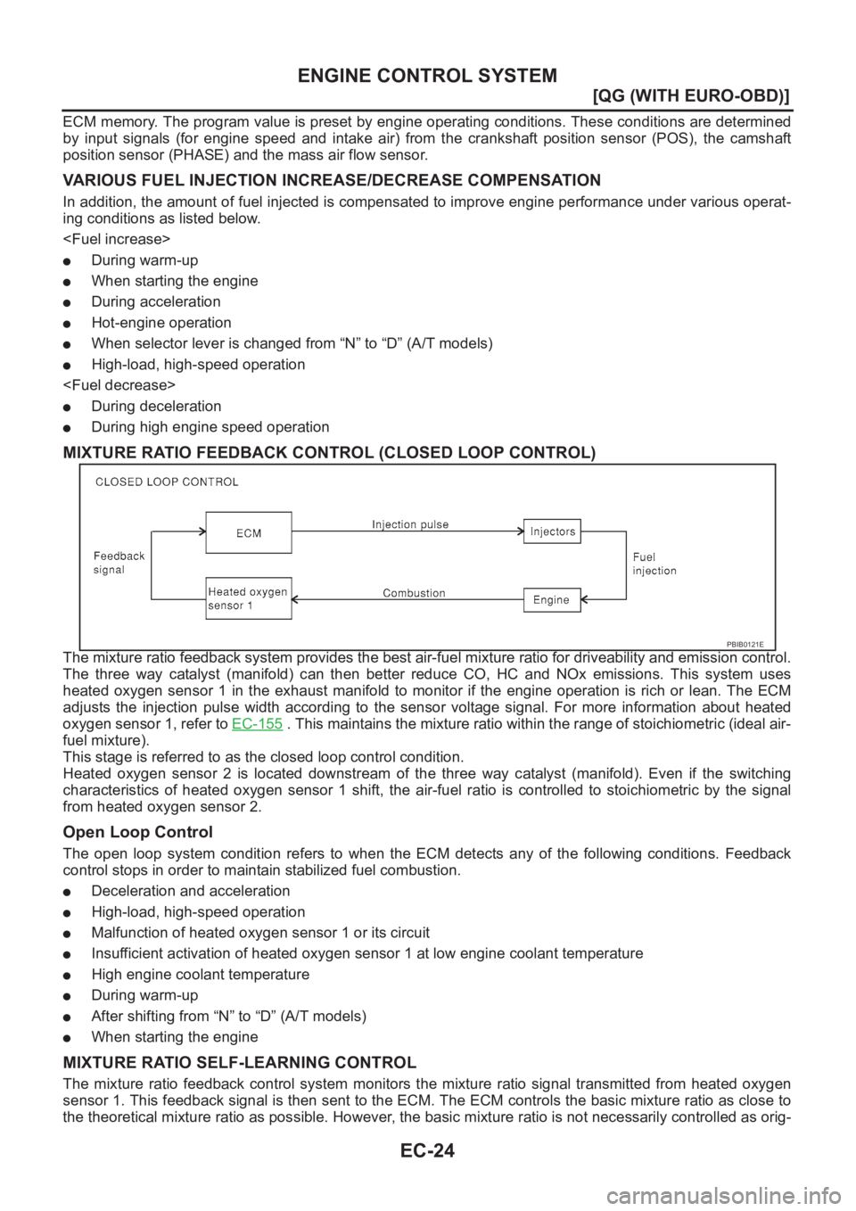 NISSAN ALMERA N16 2003  Electronic Repair Manual EC-24
[QG (WITH EURO-OBD)]
ENGINE CONTROL SYSTEM
ECM memory. The program value is preset by engine operating conditions. These conditions are determined
by  input  signals  (for  engine  speed  and  i