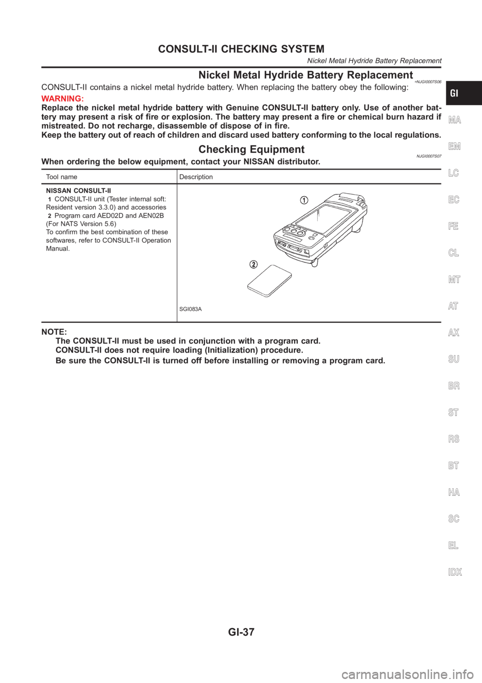 NISSAN ALMERA N16 2003  Electronic Repair Manual Nickel Metal Hydride Battery Replacement=NJGI0007S06CONSULT-II contains a nickel metal hydride battery. When replacing the battery obey the following:
WARNING:
Replace the nickel metal hydride battery