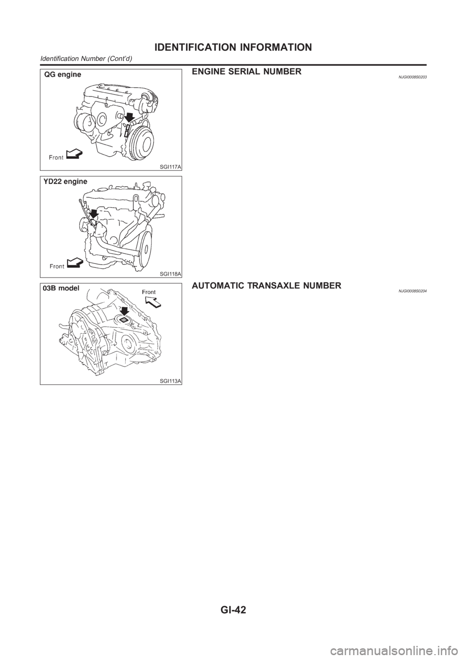 NISSAN ALMERA N16 2003  Electronic Service Manual SGI117A
SGI118A
ENGINE SERIAL NUMBERNJGI0008S0203
SGI113A
AUTOMATIC TRANSAXLE NUMBERNJGI0008S0204
IDENTIFICATION INFORMATION
Identification Number (Cont’d)
GI-42 