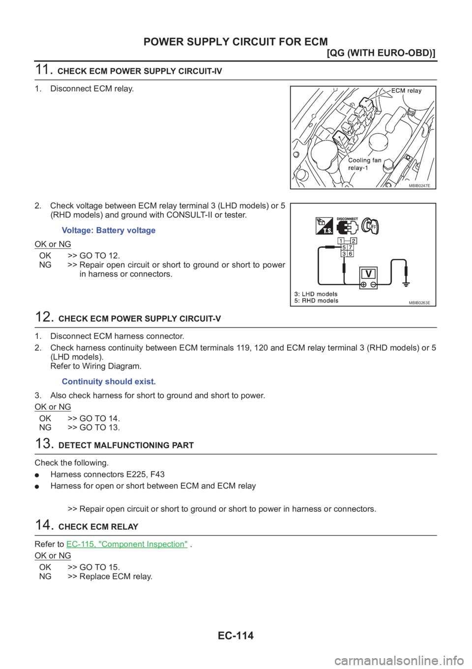 NISSAN ALMERA N16 2003  Electronic Repair Manual EC-114
[QG (WITH EURO-OBD)]
POWER SUPPLY CIRCUIT FOR ECM
11 .  CHECK ECM POWER SUPPLY CIRCUIT-IV
1. Disconnect ECM relay.
2. Check voltage between ECM relay terminal 3 (LHD models) or 5
(RHD models) a