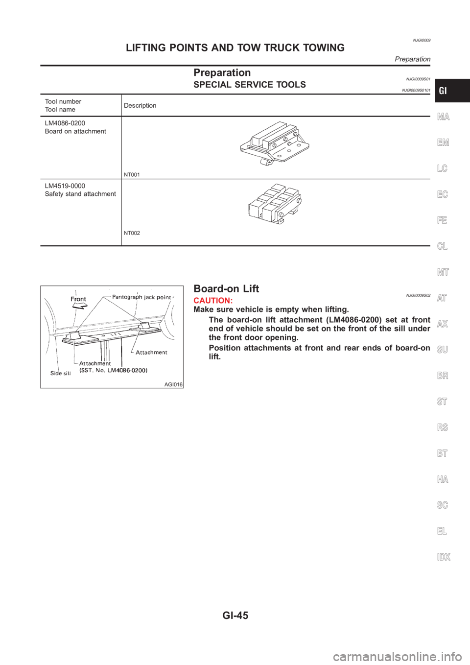 NISSAN ALMERA N16 2003  Electronic Repair Manual NJGI0009
PreparationNJGI0009S01SPECIAL SERVICE TOOLSNJGI0009S0101
Tool number
Tool nameDescription
LM4086-0200
Board on attachment
NT001
LM4519-0000
Safety stand attachment
NT002
AGI016
Board-on LiftN