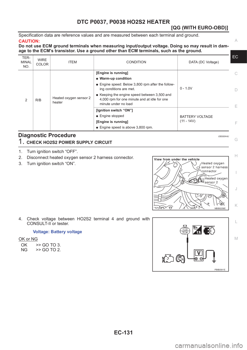 NISSAN ALMERA N16 2003  Electronic Repair Manual DTC P0037, P0038 HO2S2 HEATER
EC-131
[QG (WITH EURO-OBD)]
C
D
E
F
G
H
I
J
K
L
MA
EC
Specification data are reference values and are measured between each terminal and ground.
CAUTION:
Do not use ECM g