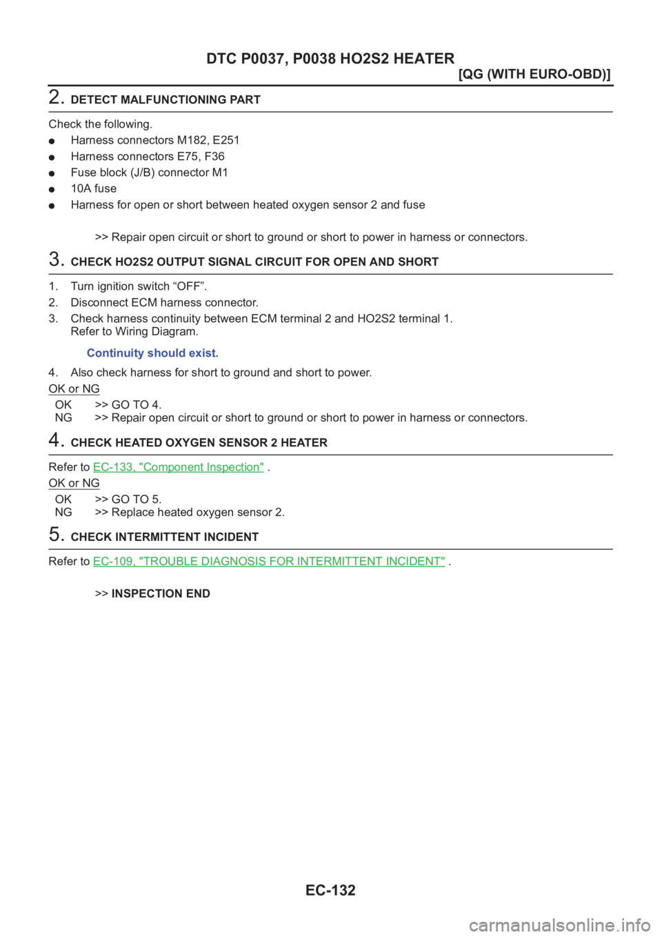 NISSAN ALMERA N16 2003  Electronic Repair Manual EC-132
[QG (WITH EURO-OBD)]
DTC P0037, P0038 HO2S2 HEATER
2. DETECT MALFUNCTIONING PART
Check the following.
●Harness connectors M182, E251
●Harness connectors E75, F36
●Fuse block (J/B) connect