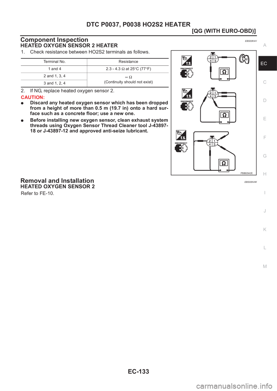 NISSAN ALMERA N16 2003  Electronic Repair Manual DTC P0037, P0038 HO2S2 HEATER
EC-133
[QG (WITH EURO-OBD)]
C
D
E
F
G
H
I
J
K
L
MA
EC
Component InspectionEBS00K4V
HEATED OXYGEN SENSOR 2 HEATER
1. Check resistance between HO2S2 terminals as follows.
2