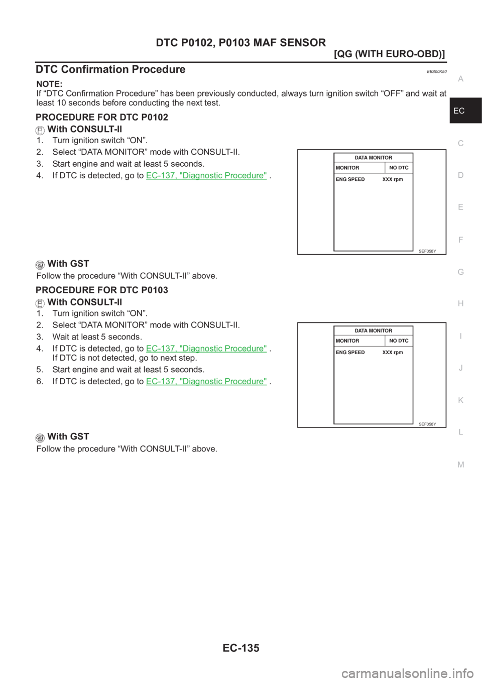NISSAN ALMERA N16 2003  Electronic Repair Manual DTC P0102, P0103 MAF SENSOR
EC-135
[QG (WITH EURO-OBD)]
C
D
E
F
G
H
I
J
K
L
MA
EC
DTC Confirmation ProcedureEBS00K50
NOTE:
If “DTC Confirmation Procedure” has been previously conducted, always tur