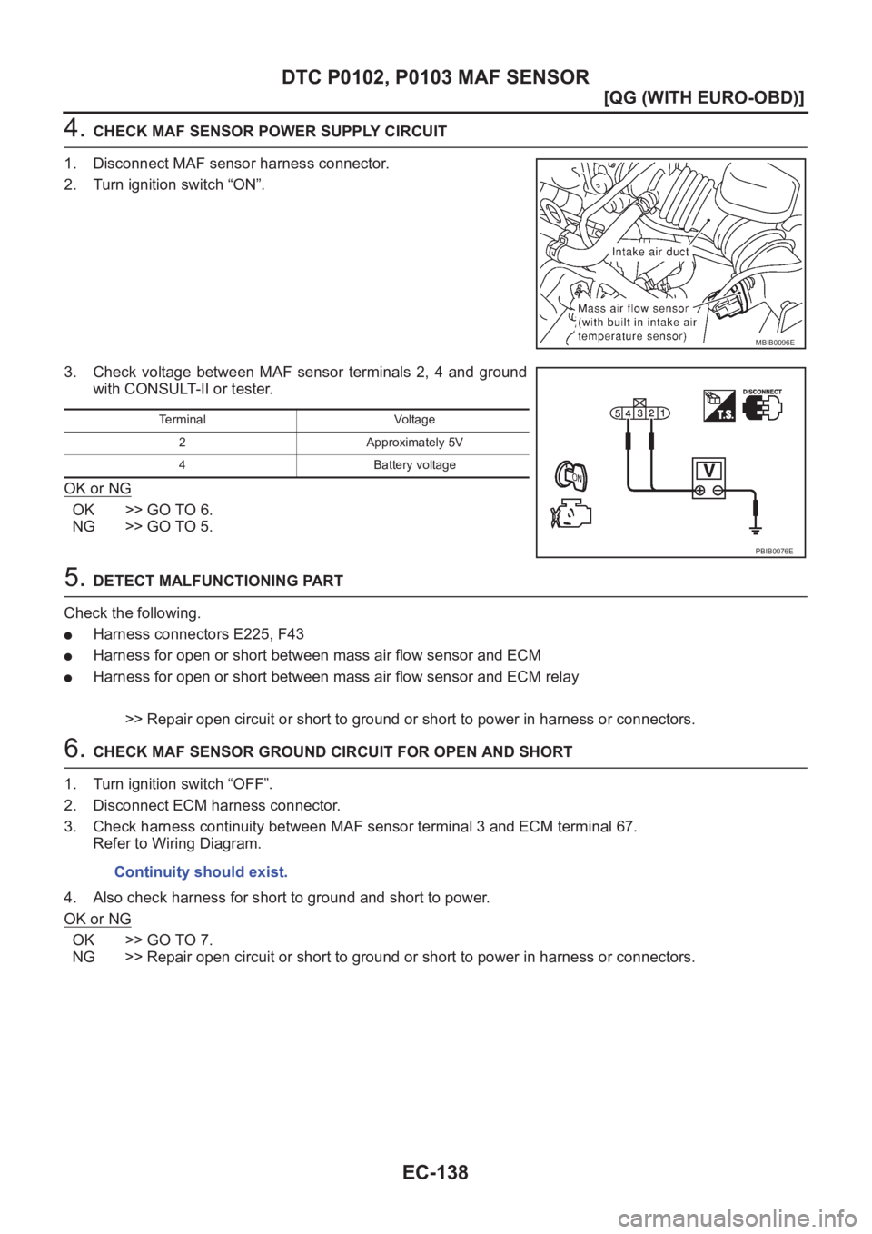 NISSAN ALMERA N16 2003  Electronic Repair Manual EC-138
[QG (WITH EURO-OBD)]
DTC P0102, P0103 MAF SENSOR
4. CHECK MAF SENSOR POWER SUPPLY CIRCUIT
1. Disconnect MAF sensor harness connector.
2. Turn ignition switch “ON”.
3. Check  voltage  betwee