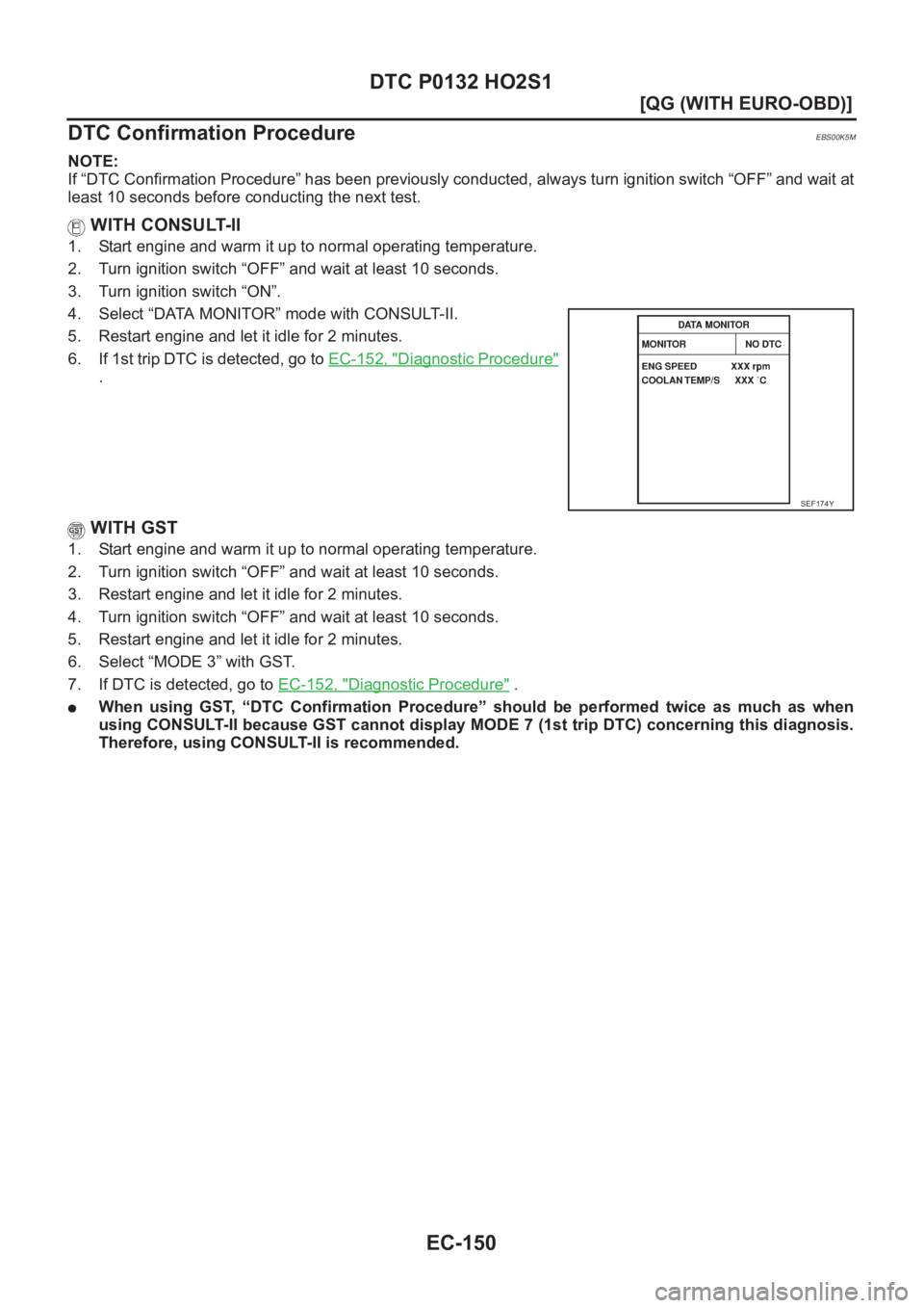 NISSAN ALMERA N16 2003  Electronic Repair Manual EC-150
[QG (WITH EURO-OBD)]
DTC P0132 HO2S1
DTC Confirmation Procedure
EBS00K5M
NOTE:
If “DTC Confirmation Procedure” has been previously conducted, always turn ignition switch “OFF” and wait 