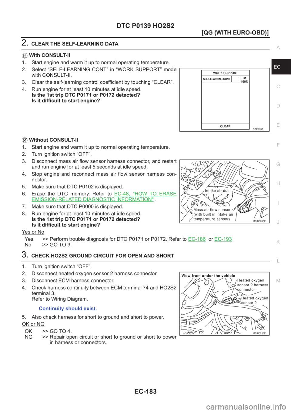 NISSAN ALMERA N16 2003  Electronic Repair Manual DTC P0139 HO2S2
EC-183
[QG (WITH EURO-OBD)]
C
D
E
F
G
H
I
J
K
L
MA
EC
2.CLEAR THE SELF-LEARNING DATA
With CONSULT-II
1. Start engine and warm it up to normal operating temperature.
2. Select  “SELF-