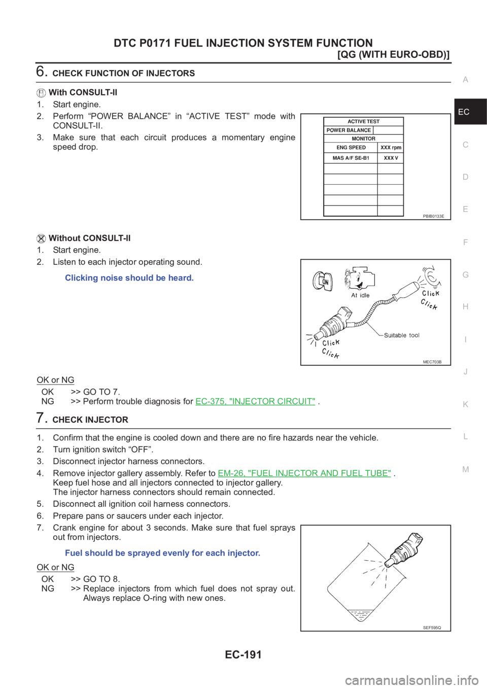 NISSAN ALMERA N16 2003  Electronic Repair Manual DTC P0171 FUEL INJECTION SYSTEM FUNCTION
EC-191
[QG (WITH EURO-OBD)]
C
D
E
F
G
H
I
J
K
L
MA
EC
6.CHECK FUNCTION OF INJECTORS
With CONSULT-II
1. Start engine.
2. Perform  “POWER  BALANCE”  in  “A