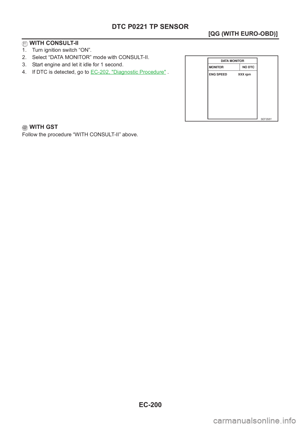 NISSAN ALMERA N16 2003  Electronic Repair Manual EC-200
[QG (WITH EURO-OBD)]
DTC P0221 TP SENSOR
 WITH CONSULT-II
1. Turn ignition switch “ON”.
2. Select “DATA MONITOR” mode with CONSULT-II.
3. Start engine and let it idle for 1 second.
4. I