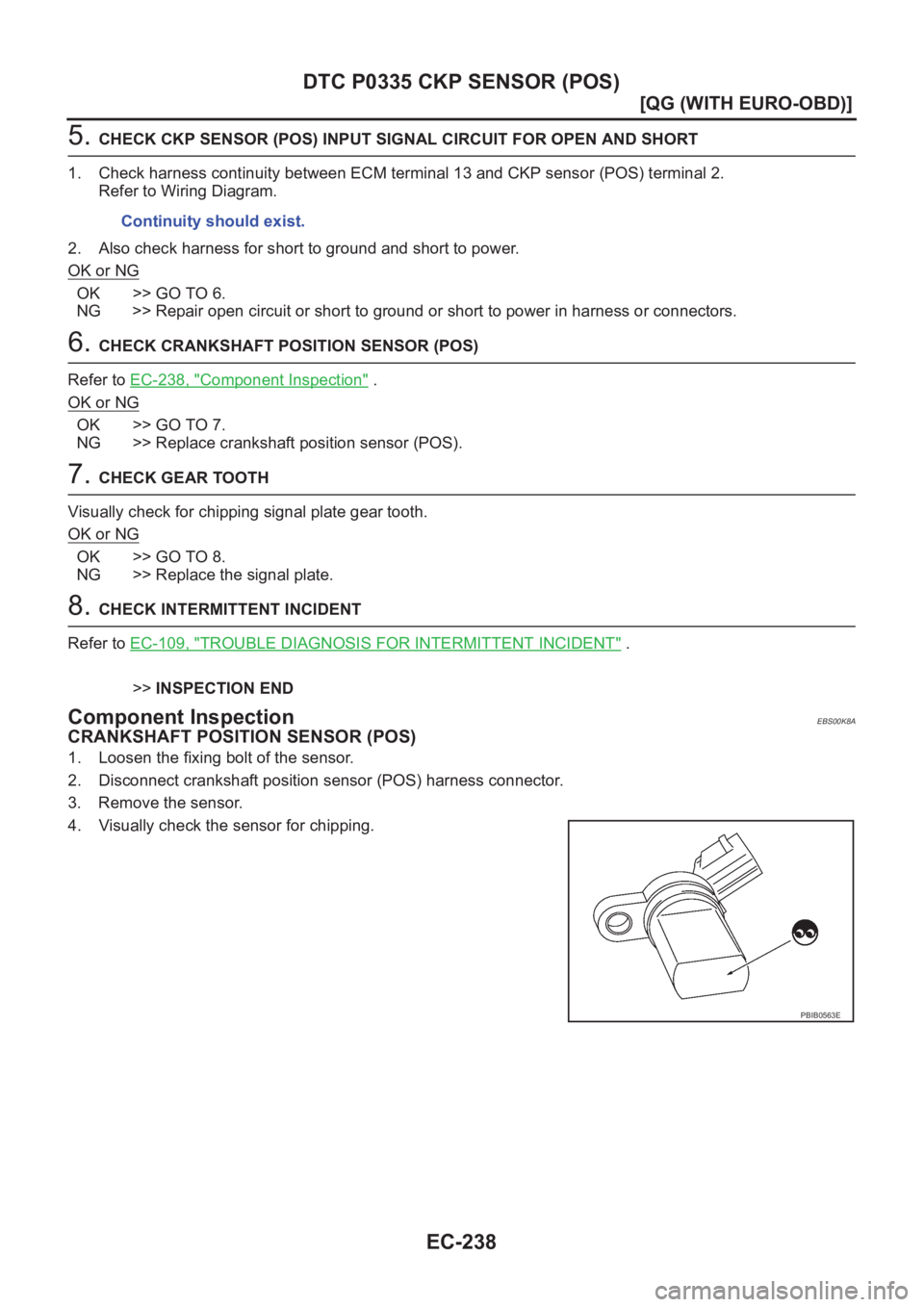 NISSAN ALMERA N16 2003  Electronic Repair Manual EC-238
[QG (WITH EURO-OBD)]
DTC P0335 CKP SENSOR (POS)
5. CHECK CKP SENSOR (POS) INPUT SIGNAL CIRCUIT FOR OPEN AND SHORT
1. Check harness continuity between ECM terminal 13 and CKP sensor (POS) termin