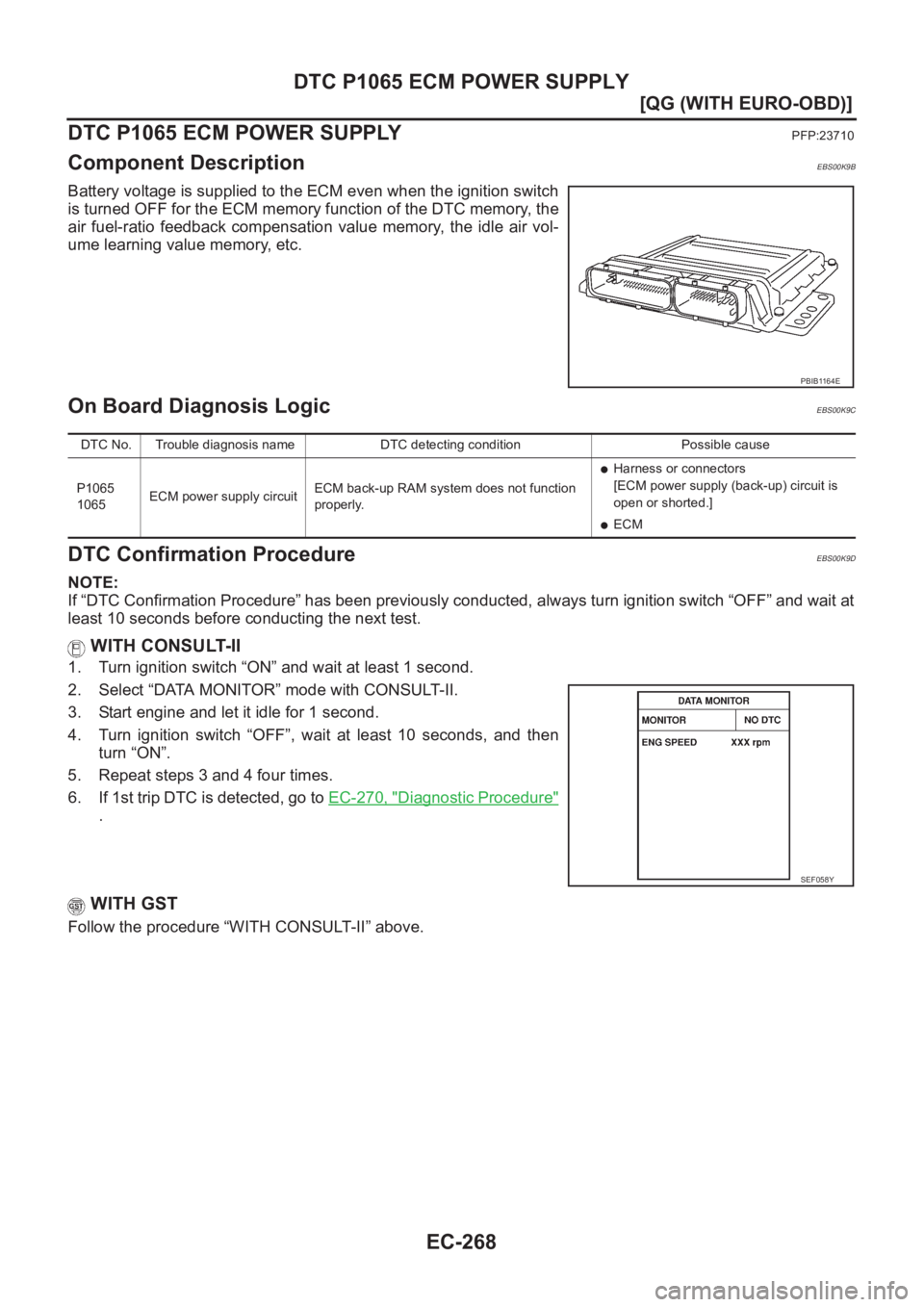 NISSAN ALMERA N16 2003  Electronic Repair Manual EC-268
[QG (WITH EURO-OBD)]
DTC P1065 ECM POWER SUPPLY
DTC P1065 ECM POWER SUPPLY
PFP:23710
Component DescriptionEBS00K9B
Battery voltage is supplied to the ECM even when the ignition switch
is turned