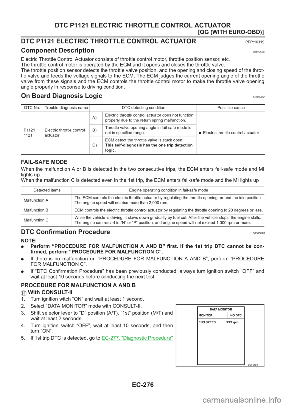 NISSAN ALMERA N16 2003  Electronic Repair Manual EC-276
[QG (WITH EURO-OBD)]
DTC P1121 ELECTRIC THROTTLE CONTROL ACTUATOR
DTC P1121 ELECTRIC THROTTLE CONTROL ACTUATOR
PFP:16119
Component DescriptionEBS00K9O
Electric Throttle Control Actuator consist