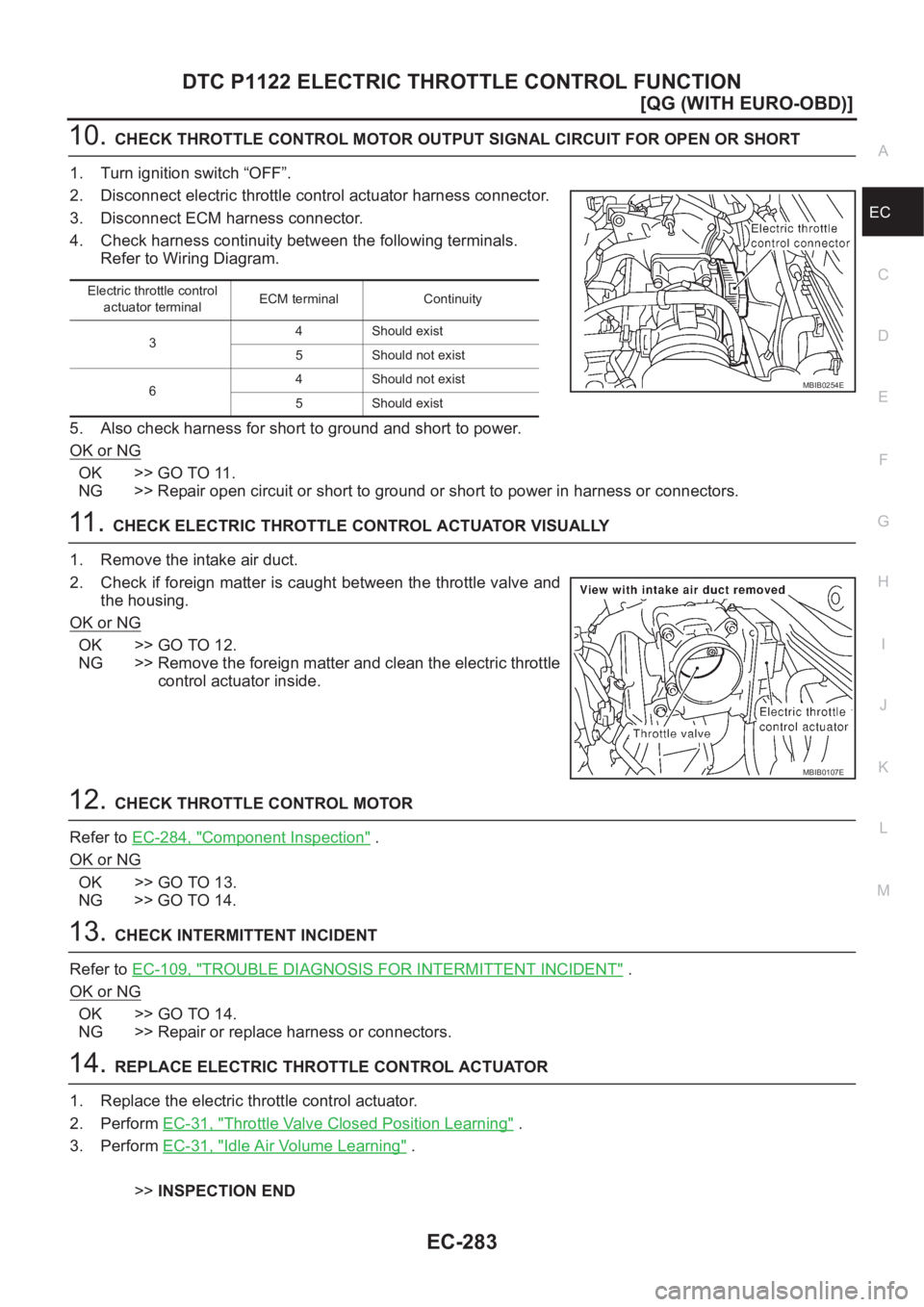 NISSAN ALMERA N16 2003  Electronic Repair Manual DTC P1122 ELECTRIC THROTTLE CONTROL FUNCTION
EC-283
[QG (WITH EURO-OBD)]
C
D
E
F
G
H
I
J
K
L
MA
EC
10.CHECK THROTTLE CONTROL MOTOR OUTPUT SIGNAL CIRCUIT FOR OPEN OR SHORT
1. Turn ignition switch “OF