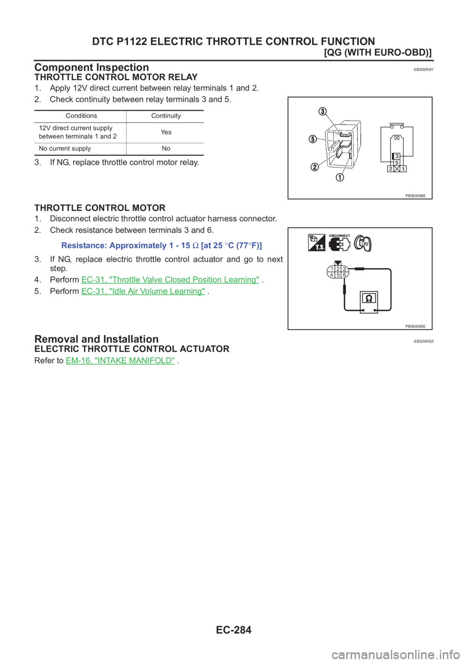 NISSAN ALMERA N16 2003  Electronic Repair Manual EC-284
[QG (WITH EURO-OBD)]
DTC P1122 ELECTRIC THROTTLE CONTROL FUNCTION
Component Inspection
EBS00K9Y
THROTTLE CONTROL MOTOR RELAY
1. Apply 12V direct current between relay terminals 1 and 2.
2. Chec