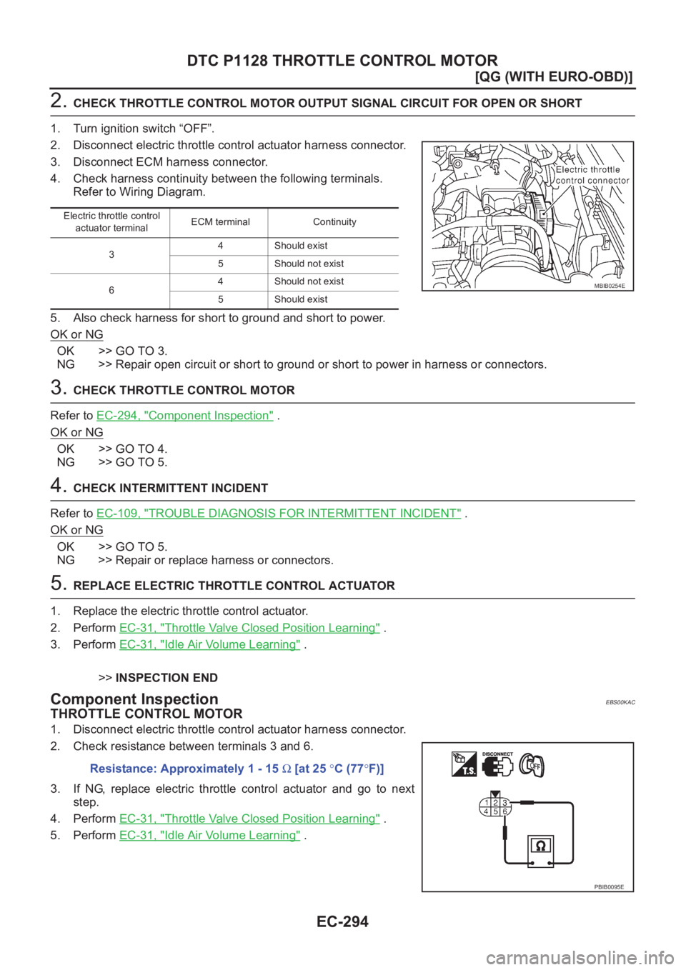 NISSAN ALMERA N16 2003  Electronic Repair Manual EC-294
[QG (WITH EURO-OBD)]
DTC P1128 THROTTLE CONTROL MOTOR
2. CHECK THROTTLE CONTROL MOTOR OUTPUT SIGNAL CIRCUIT FOR OPEN OR SHORT
1. Turn ignition switch “OFF”.
2. Disconnect electric throttle 