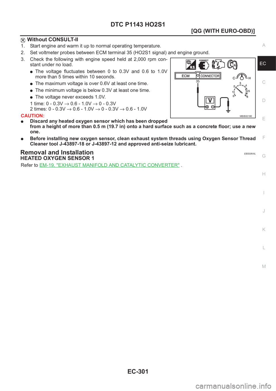 NISSAN ALMERA N16 2003  Electronic Repair Manual DTC P1143 HO2S1
EC-301
[QG (WITH EURO-OBD)]
C
D
E
F
G
H
I
J
K
L
MA
EC
 Without CONSULT-II
1. Start engine and warm it up to normal operating temperature.
2. Set voltmeter probes between ECM terminal 3