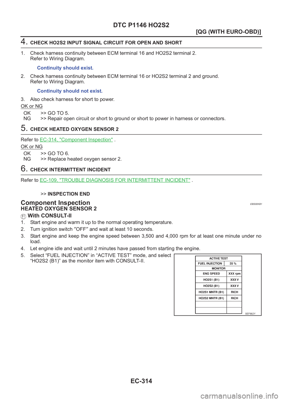 NISSAN ALMERA N16 2003  Electronic Repair Manual EC-314
[QG (WITH EURO-OBD)]
DTC P1146 HO2S2
4. CHECK HO2S2 INPUT SIGNAL CIRCUIT FOR OPEN AND SHORT
1. Check harness continuity between ECM terminal 16 and HO2S2 terminal 2.
Refer to Wiring Diagram.
2.