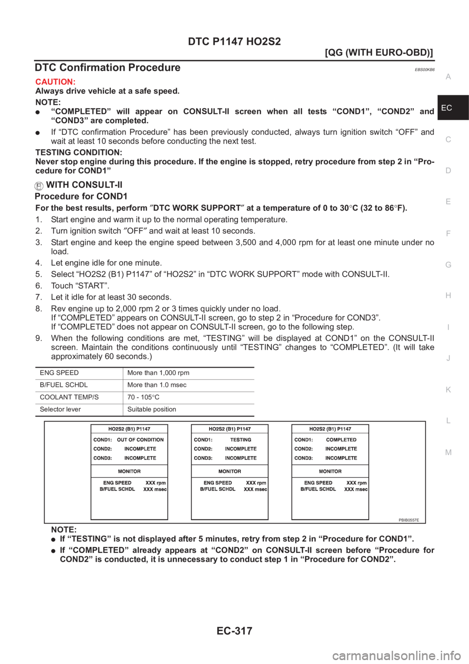 NISSAN ALMERA N16 2003  Electronic Repair Manual DTC P1147 HO2S2
EC-317
[QG (WITH EURO-OBD)]
C
D
E
F
G
H
I
J
K
L
MA
EC
DTC Confirmation ProcedureEBS00KB6
CAUTION:
Always drive vehicle at a safe speed.
NOTE:
●“COMPLETED”  will  appear  on  CONS