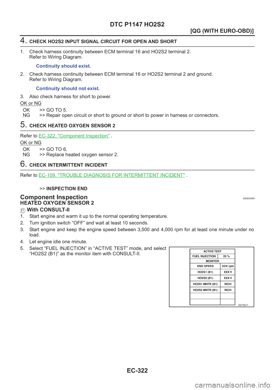 NISSAN ALMERA N16 2003  Electronic Repair Manual EC-322
[QG (WITH EURO-OBD)]
DTC P1147 HO2S2
4. CHECK HO2S2 INPUT SIGNAL CIRCUIT FOR OPEN AND SHORT
1. Check harness continuity between ECM terminal 16 and HO2S2 terminal 2.
Refer to Wiring Diagram.
2.