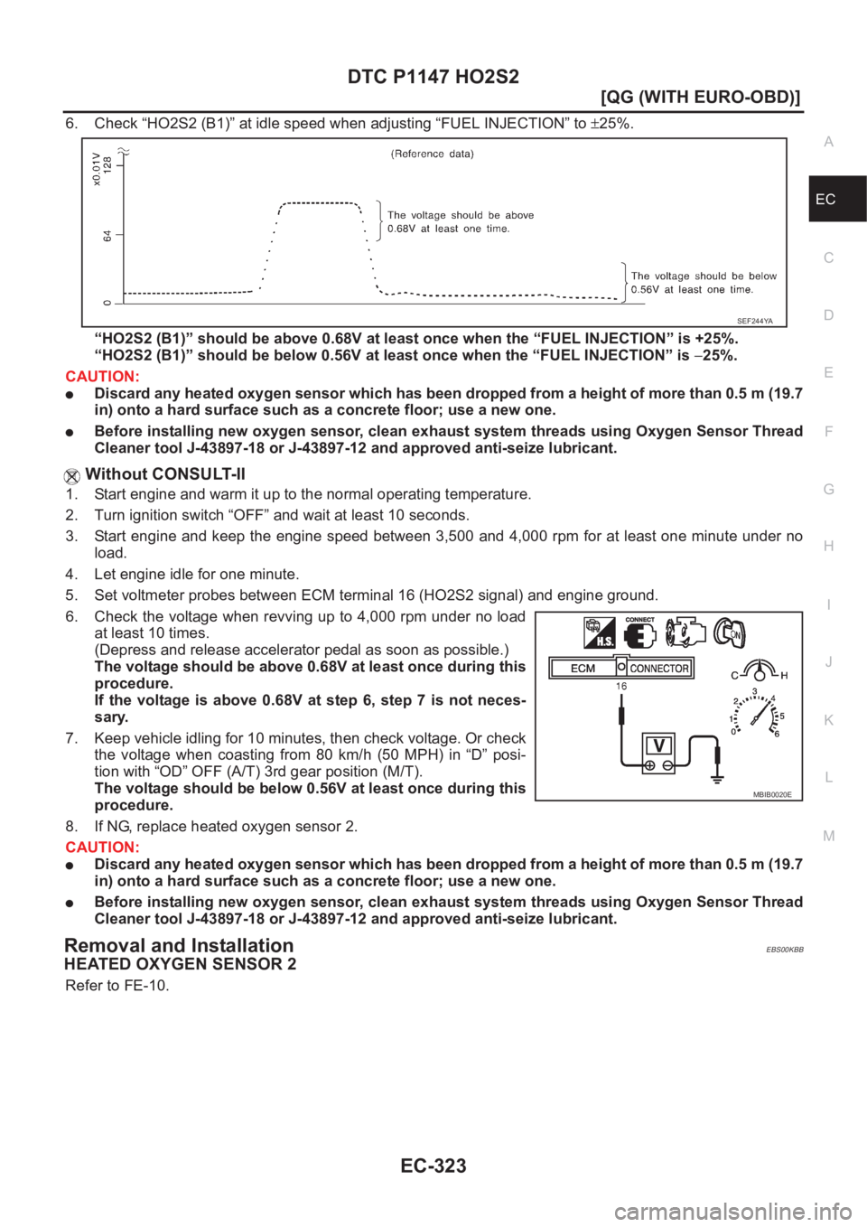 NISSAN ALMERA N16 2003  Electronic Repair Manual DTC P1147 HO2S2
EC-323
[QG (WITH EURO-OBD)]
C
D
E
F
G
H
I
J
K
L
MA
EC
6. Check “HO2S2 (B1)” at idle speed when adjusting “FUEL INJECTION” to ±25%.
“HO2S2 (B1)” should be above 0.68V at le