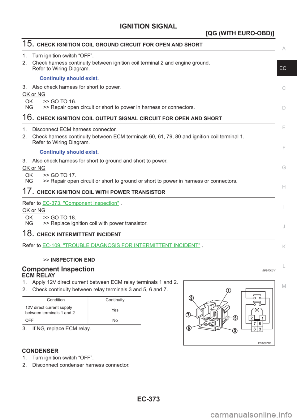 NISSAN ALMERA N16 2003  Electronic Repair Manual IGNITION SIGNAL
EC-373
[QG (WITH EURO-OBD)]
C
D
E
F
G
H
I
J
K
L
MA
EC
15.CHECK IGNITION COIL GROUND CIRCUIT FOR OPEN AND SHORT
1. Turn ignition switch “OFF”.
2. Check harness continuity between ig
