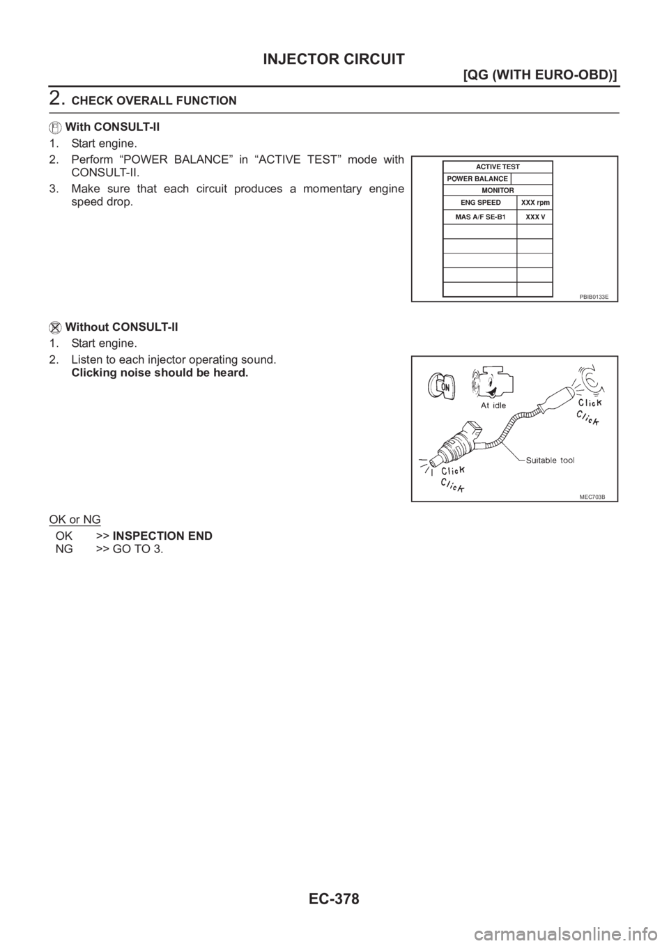 NISSAN ALMERA N16 2003  Electronic Repair Manual EC-378
[QG (WITH EURO-OBD)]
INJECTOR CIRCUIT
2. CHECK OVERALL FUNCTION
With CONSULT-II
1. Start engine.
2. Perform  “POWER  BALANCE”  in  “ACTIVE  TEST”  mode  with
CONSULT-II.
3. Make  sure  