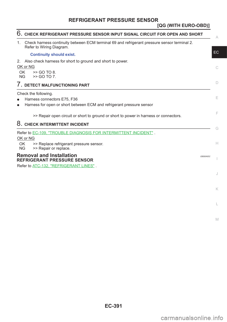 NISSAN ALMERA N16 2003  Electronic Repair Manual REFRIGERANT PRESSURE SENSOR
EC-391
[QG (WITH EURO-OBD)]
C
D
E
F
G
H
I
J
K
L
MA
EC
6.CHECK REFRIGERANT PRESSURE SENSOR INPUT SIGNAL CIRCUIT FOR OPEN AND SHORT
1. Check harness continuity between ECM te
