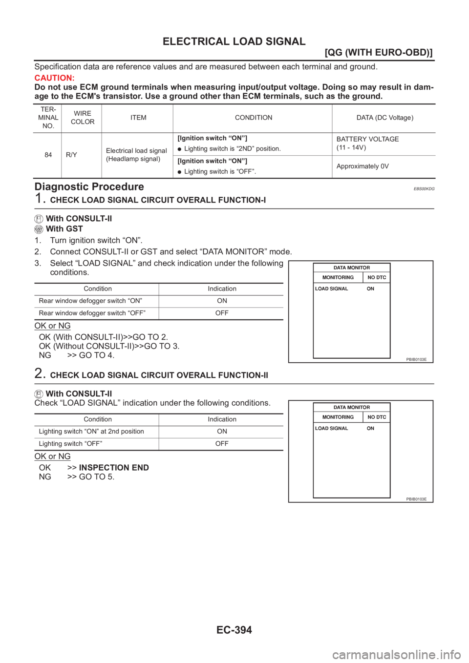 NISSAN ALMERA N16 2003  Electronic Repair Manual EC-394
[QG (WITH EURO-OBD)]
ELECTRICAL LOAD SIGNAL
Specification data are reference values and are measured between each terminal and ground.
CAUTION:
Do not use ECM ground terminals when measuring in