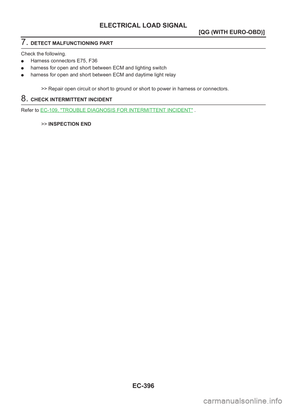 NISSAN ALMERA N16 2003  Electronic Repair Manual EC-396
[QG (WITH EURO-OBD)]
ELECTRICAL LOAD SIGNAL
7. DETECT MALFUNCTIONING PART
Check the following.
●Harness connectors E75, F36
●harness for open and short between ECM and lighting switch
●ha