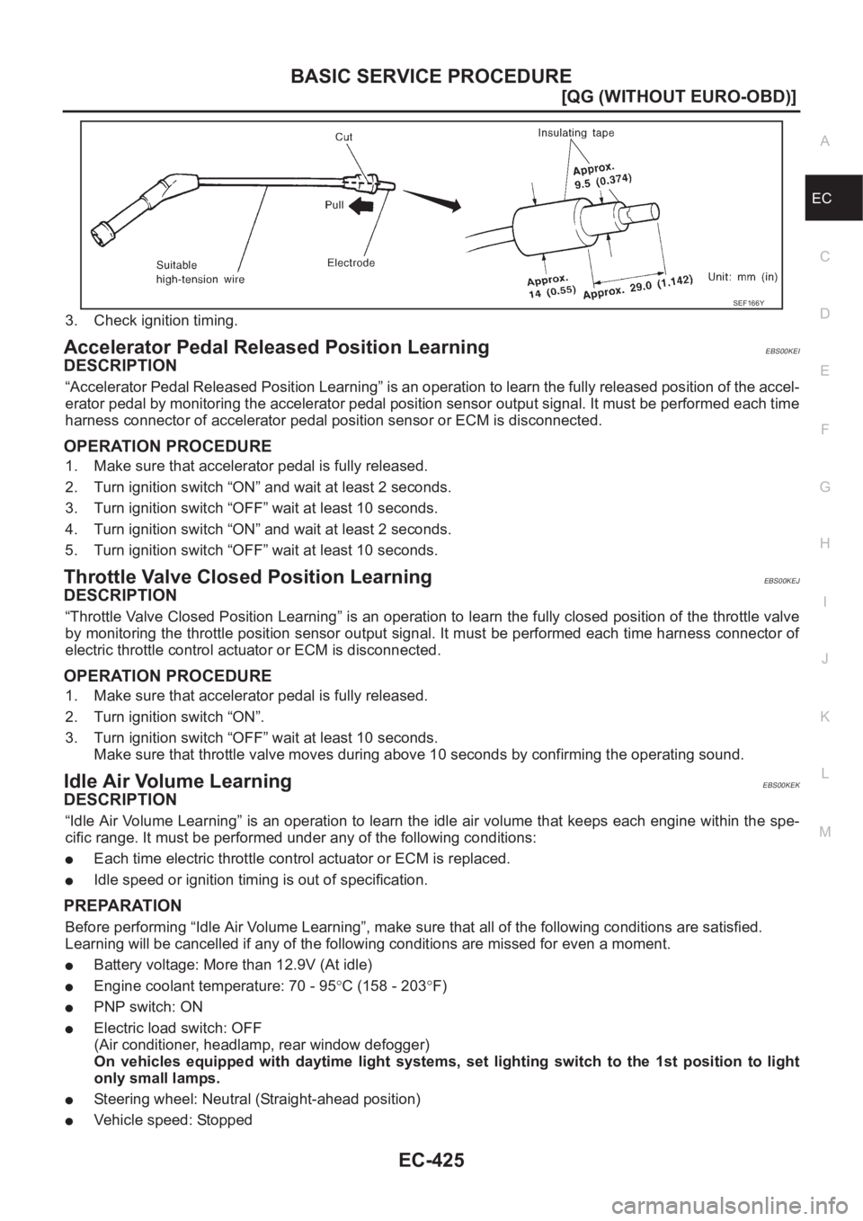 NISSAN ALMERA N16 2003  Electronic Service Manual BASIC SERVICE PROCEDURE
EC-425
[QG (WITHOUT EURO-OBD)]
C
D
E
F
G
H
I
J
K
L
MA
EC
3. Check ignition timing.
Accelerator Pedal Released Position LearningEBS00KEI
DESCRIPTION
“Accelerator Pedal Release