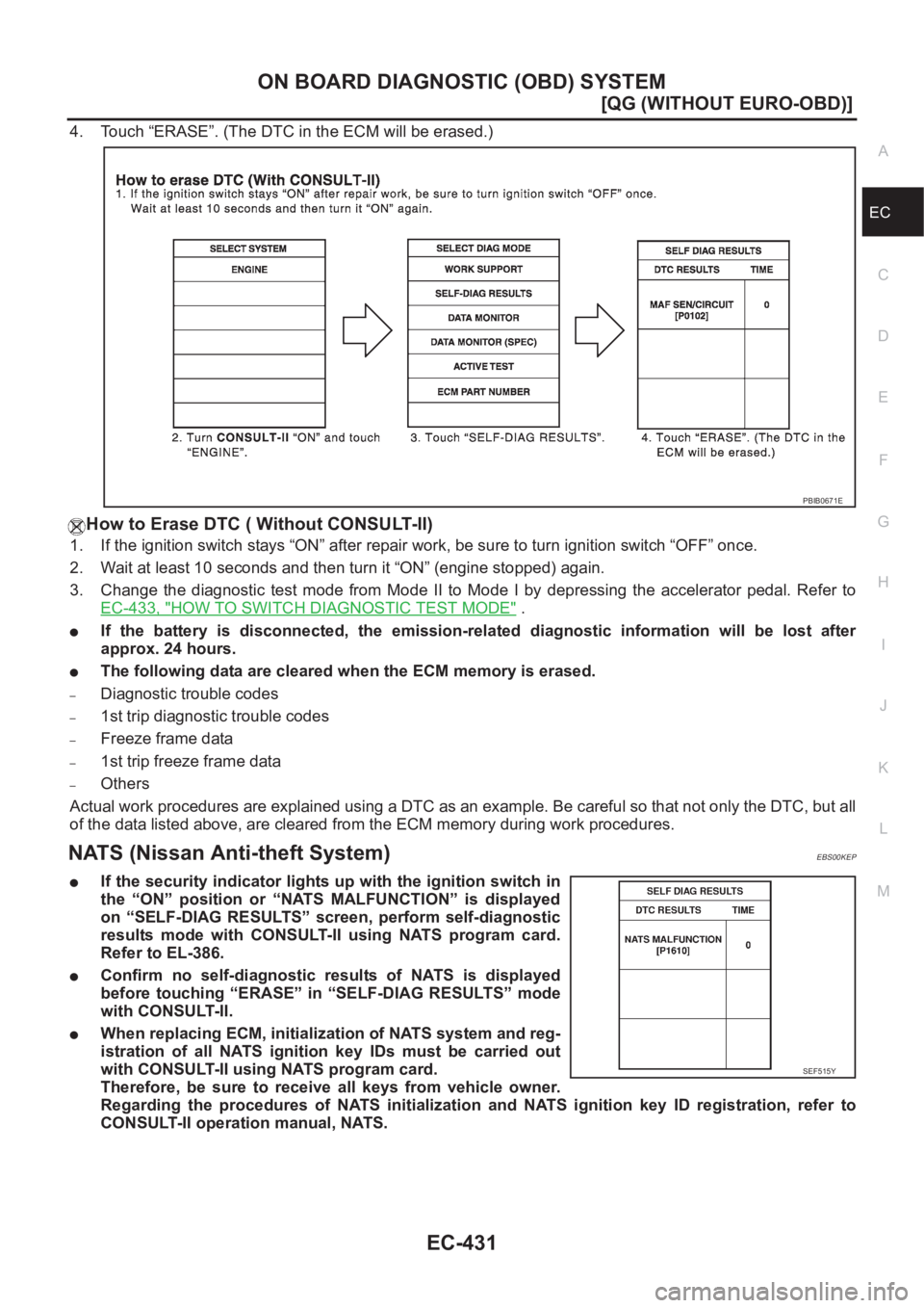 NISSAN ALMERA N16 2003  Electronic Repair Manual ON BOARD DIAGNOSTIC (OBD) SYSTEM
EC-431
[QG (WITHOUT EURO-OBD)]
C
D
E
F
G
H
I
J
K
L
MA
EC
4. Touch “ERASE”. (The DTC in the ECM will be erased.)
How to Erase DTC ( Without CONSULT-II)
1. If the ig