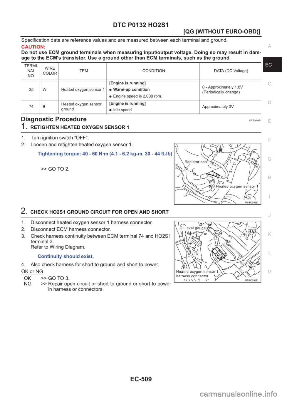 NISSAN ALMERA N16 2003  Electronic Repair Manual DTC P0132 HO2S1
EC-509
[QG (WITHOUT EURO-OBD)]
C
D
E
F
G
H
I
J
K
L
MA
EC
Specification data are reference values and are measured between each terminal and ground.
CAUTION:
Do not use ECM ground termi